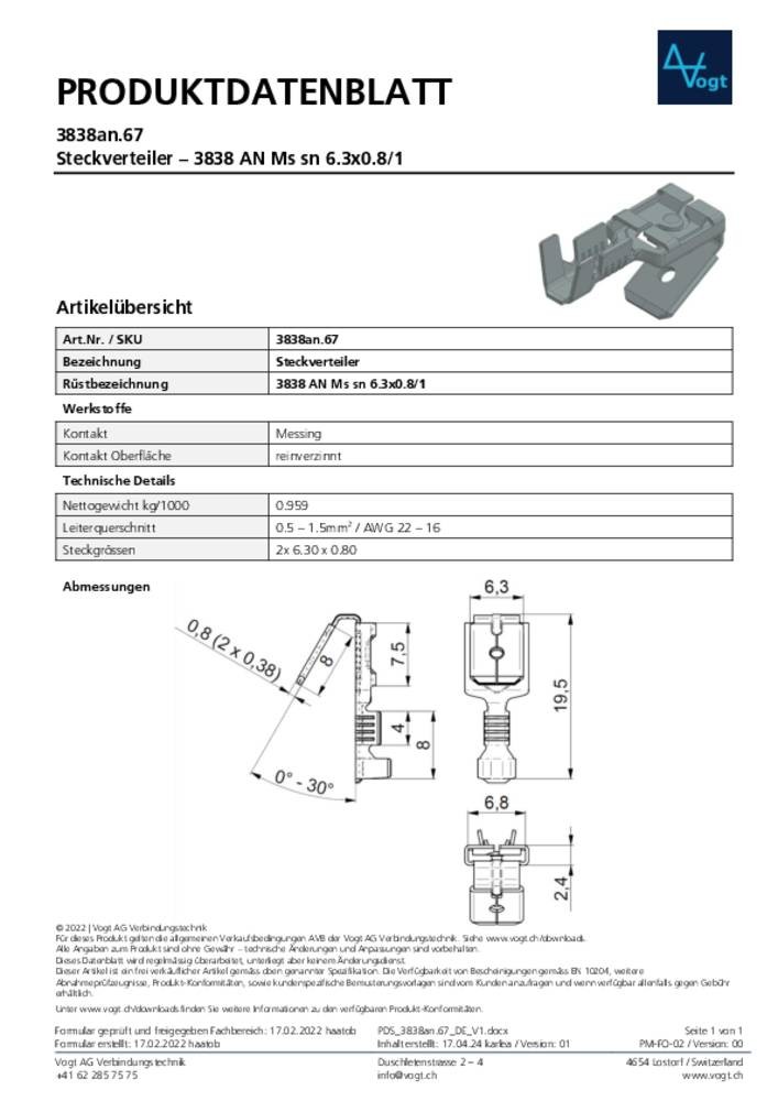 Vogt Verbindungstechnik 3838an.67 Flachsteckverteiler mit Abzweig