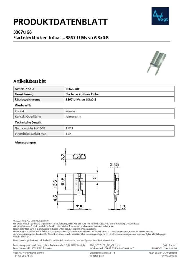 Vogt Verbindungstechnik 3867u.68 Flachsteckhülse Steckbreite: 6.30mm
