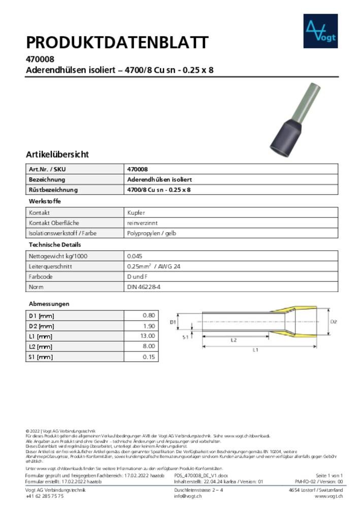 Vogt Verbindungstechnik 470008 Aderendhülse 0.25mm² Teilisoliert