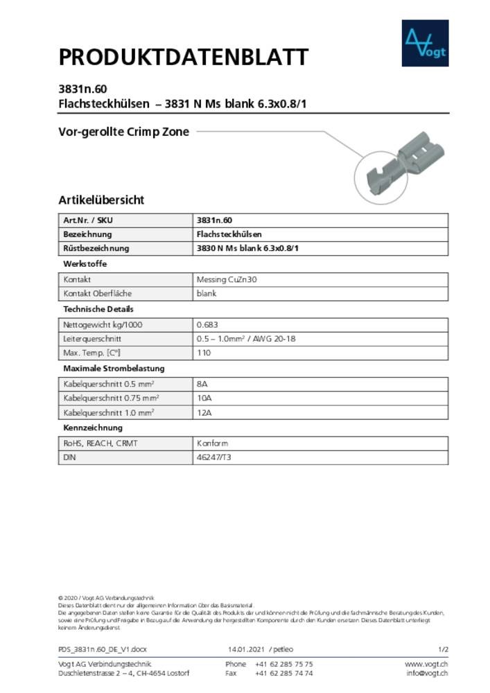 Vogt Verbindungstechnik 3831n.60 Flachsteckhülse Steckbreite: 6.30mm
