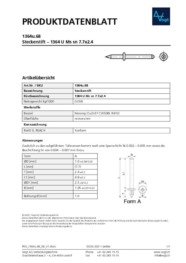 Vogt Verbindungstechnik 1364 U Ms sn 7.7x2.4 Steckerstift