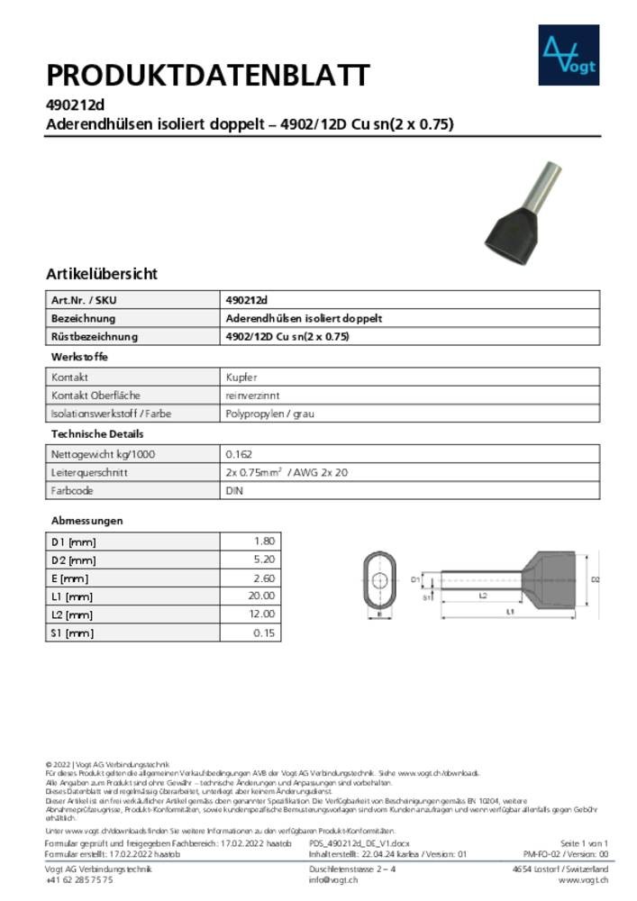 Vogt Verbindungstechnik 490212d Zwillings-Aderendhülse 0.75mm²