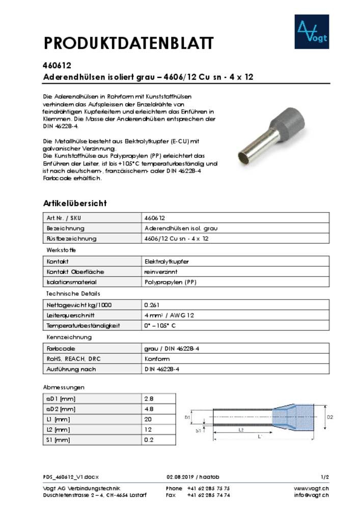 Vogt Verbindungstechnik 460612 Aderendhülse 4mm² Teilisoliert gris