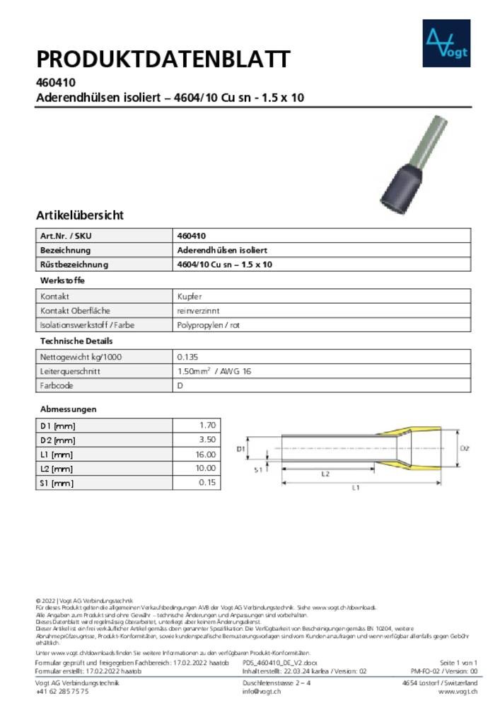 Vogt Verbindungstechnik 460410 Aderendhülse 1.50mm² Teilisoliert
