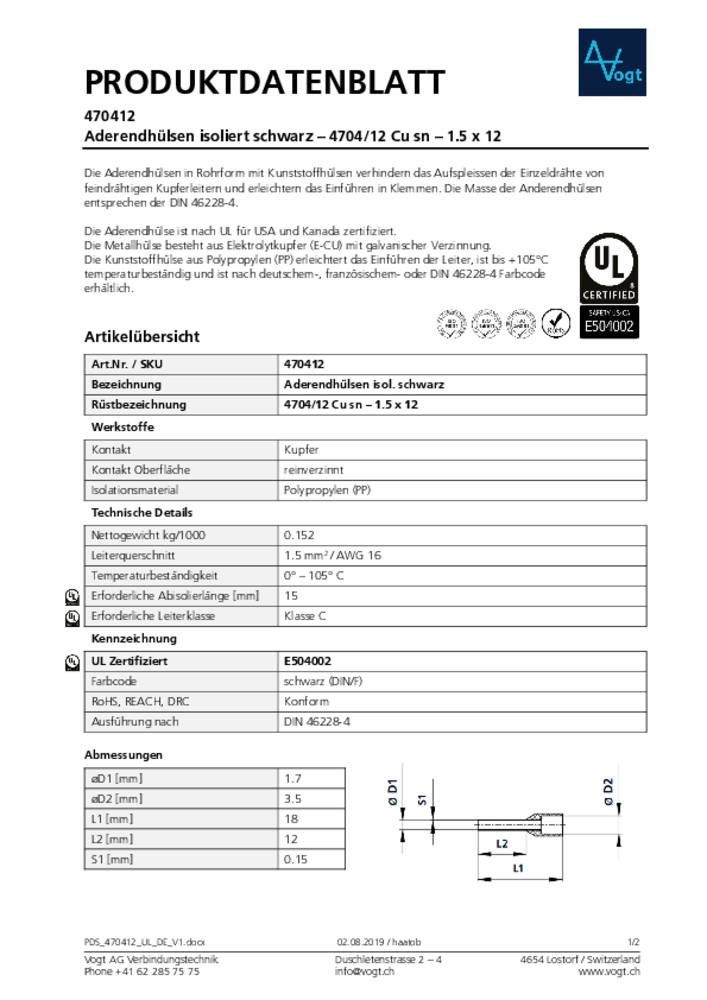 Vogt Verbindungstechnik 470412 Aderendhülse 1.50mm² Teilisoliert