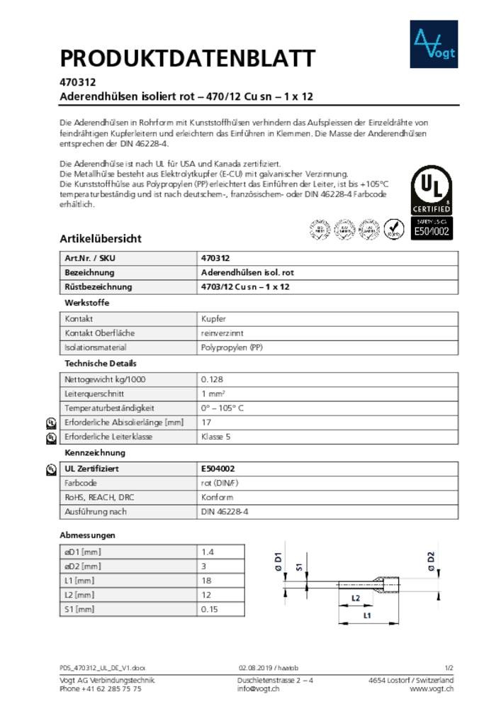 Vogt Verbindungstechnik 470312 Aderendhülse 1mm² Teilisoliert Rot