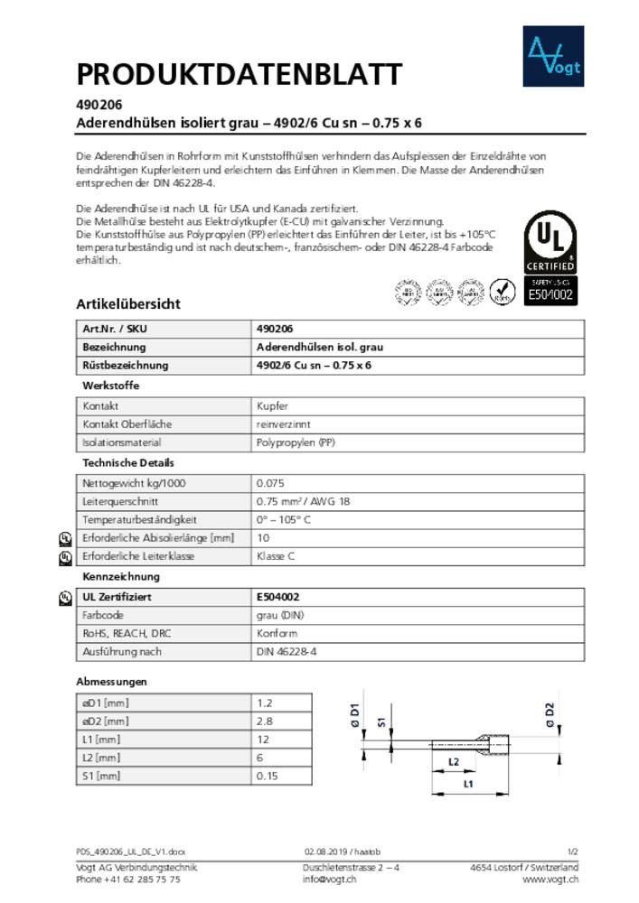 Vogt Verbindungstechnik 490206 Aderendhülse 0.75mm² Teilisoliert