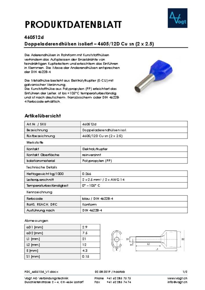 Vogt Verbindungstechnik 460512d Zwillings-Aderendhülse 2.50mm²