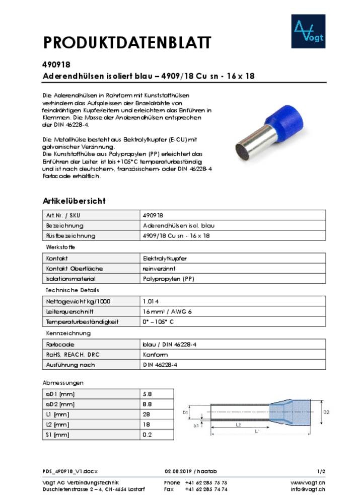 Vogt Verbindungstechnik 490918 Aderendhülse 16mm² Teilisoliert blu