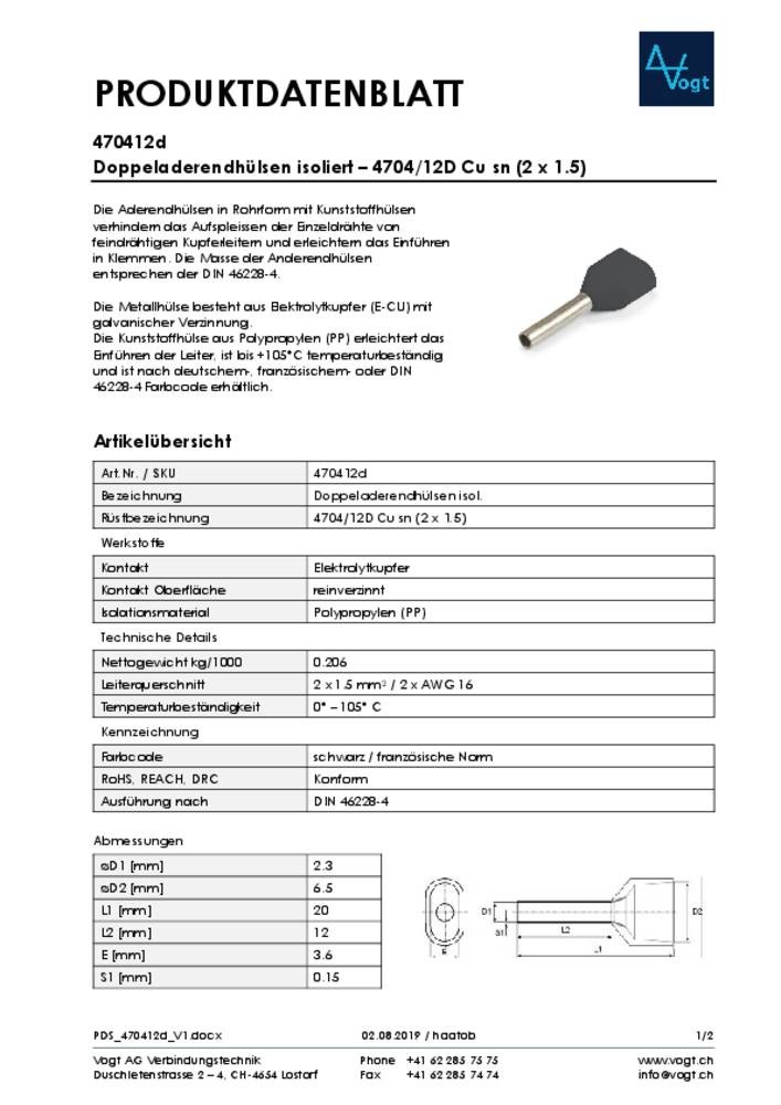 Vogt Verbindungstechnik 470412d Zwillings-Aderendhülse 1.50mm²