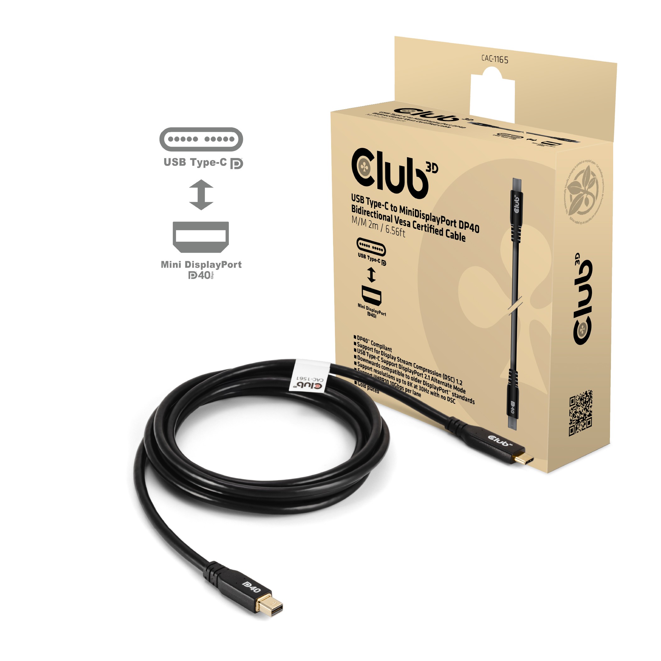 CLUB3D CAC-1561 cavo DisplayPort 2 m Mini DisplayPort USB tipo-C Nero