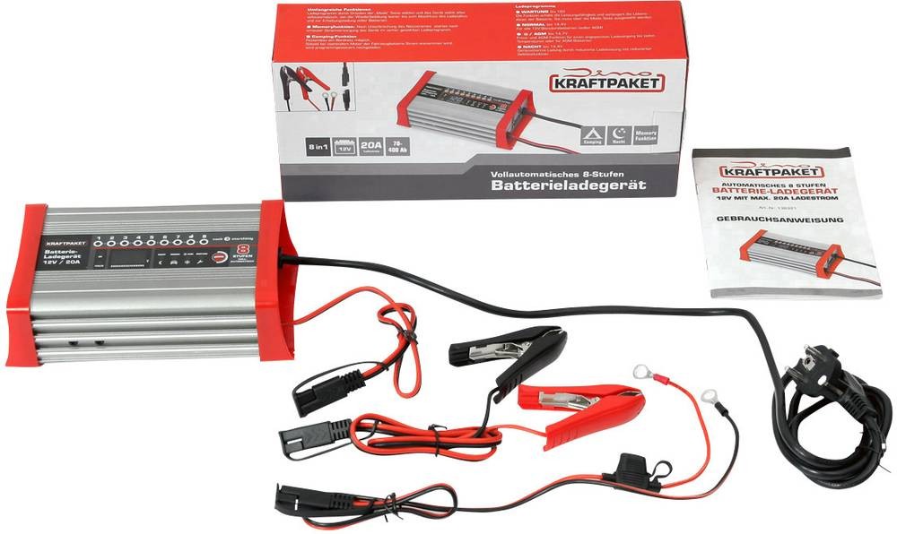 Dino KRAFTPAKET KFZ Batterieladegerät 20A-12V con Camping-, Nacht-