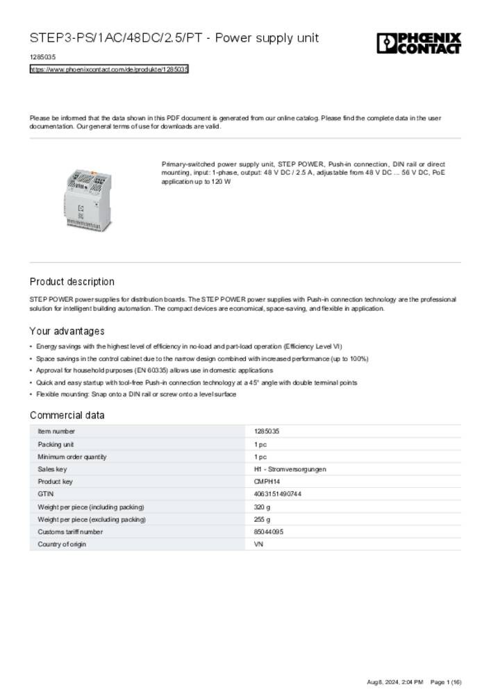 Phoenix Contact 1285035 Hutschienen-Chargeur (DIN-Rail) 48 V/DC 2.5A