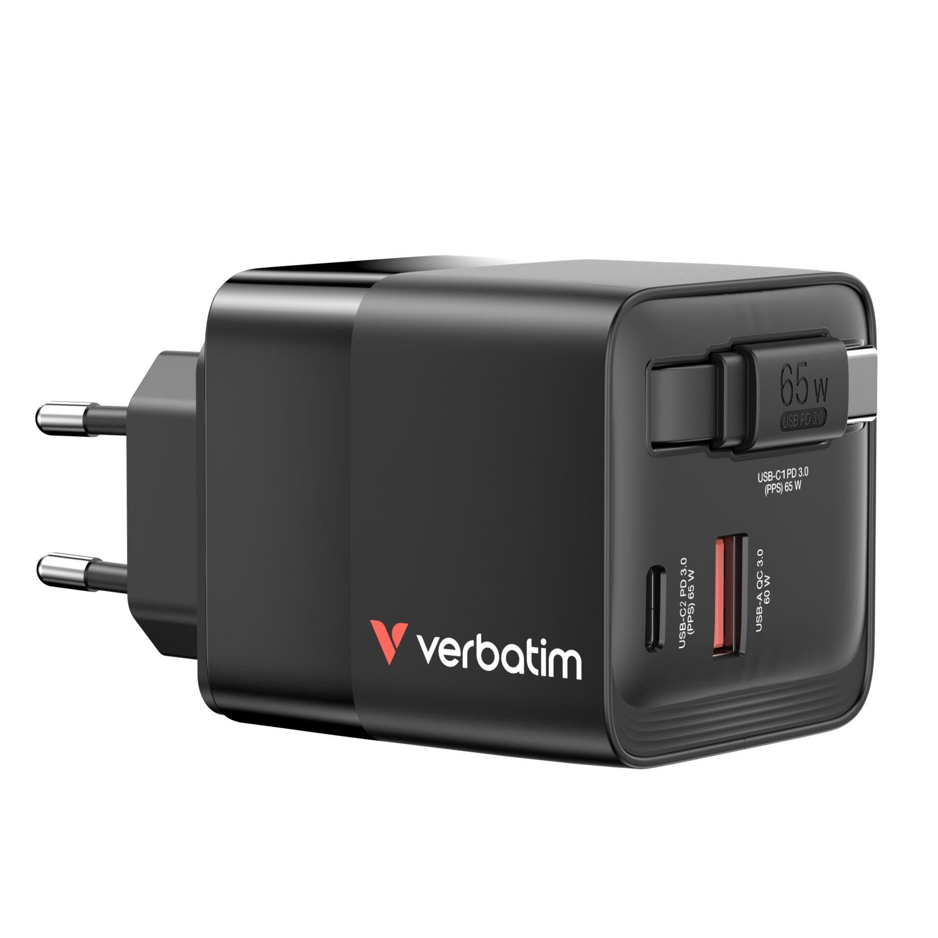 Verbatim GaN Charger 65W 2 Port retractable cable display US plugs