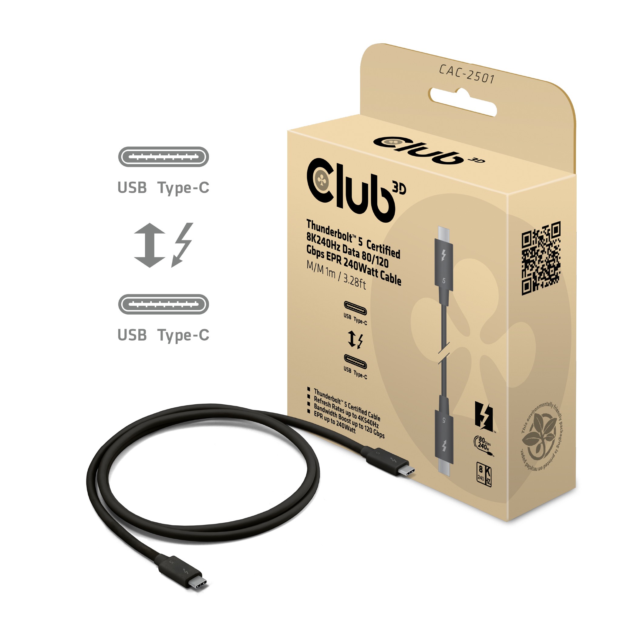 CLUB3D CAC-2501 Câble Thunderbolt 1 m 120 Gbit/s Noir - CLUB3D CAC-