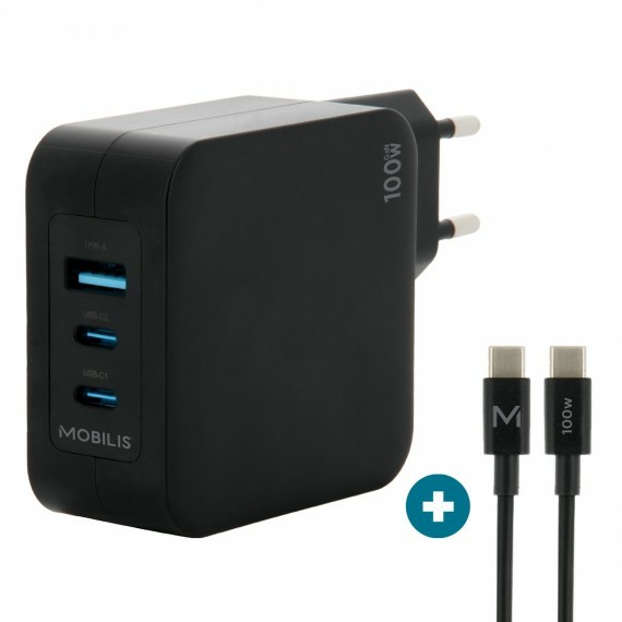 Mobilis Charger 100W 2USB C 1USBA GaN cable 100W Laptop, Smartphone,