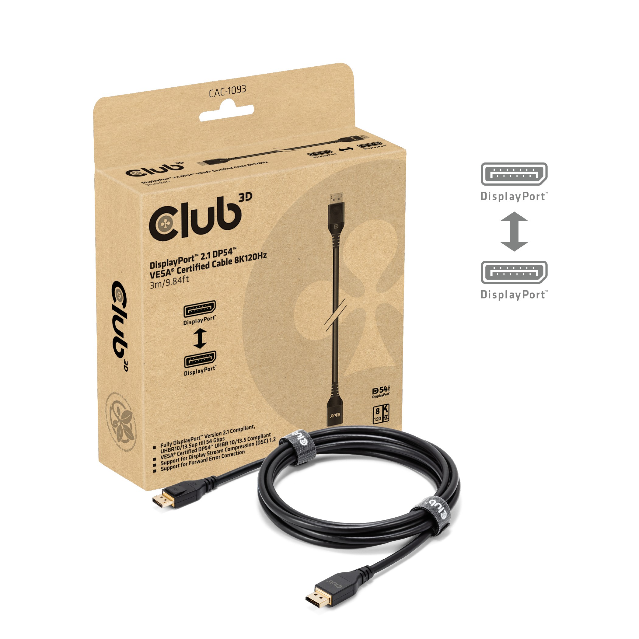 CLUB3D DisplayPort 2.1 DP54 VESA Certified Cable 8K120Hz 3m/