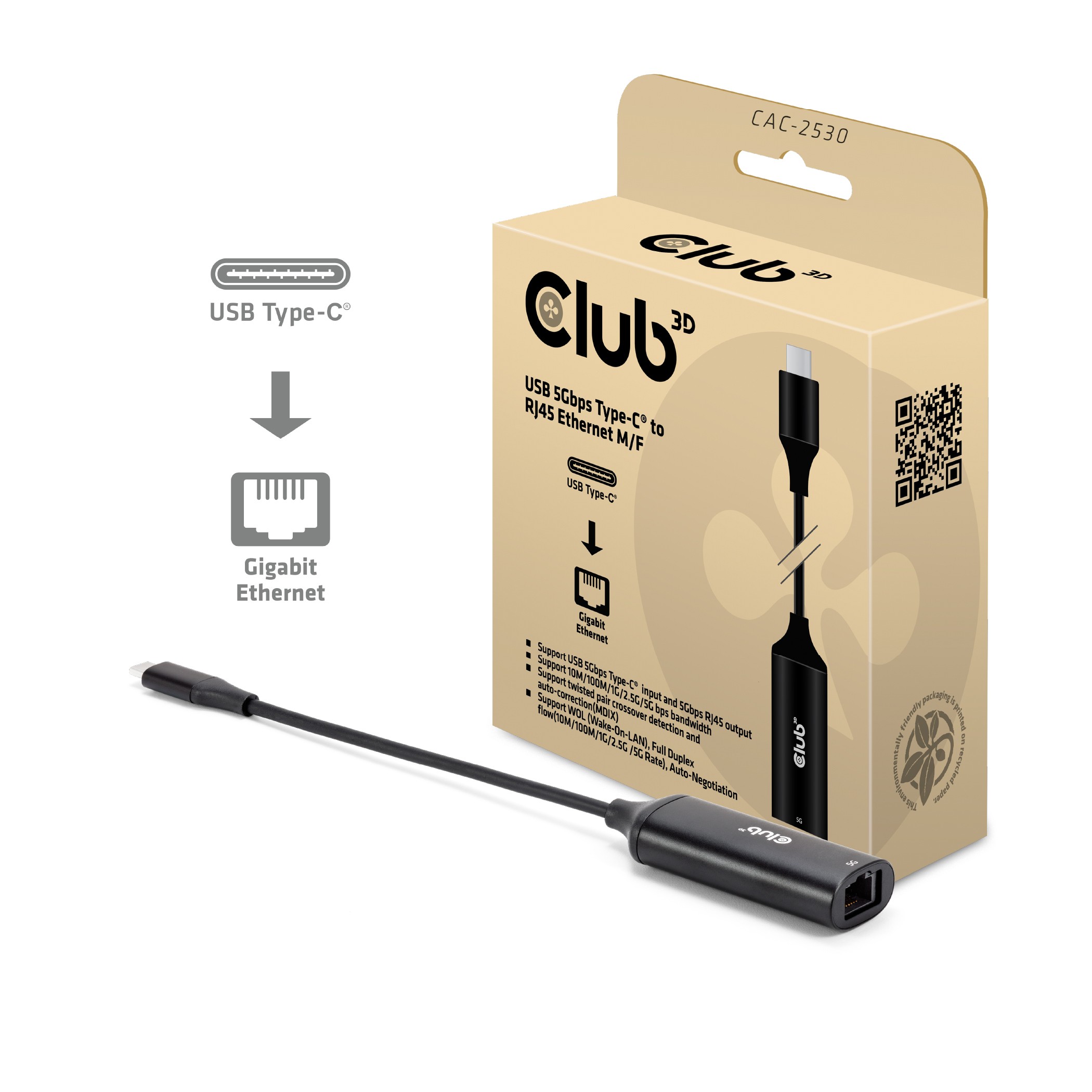 CLUB3D USB 5Gbps Type-C to RJ45 Ethernet M/F - CLUB3D USB 5Gbps