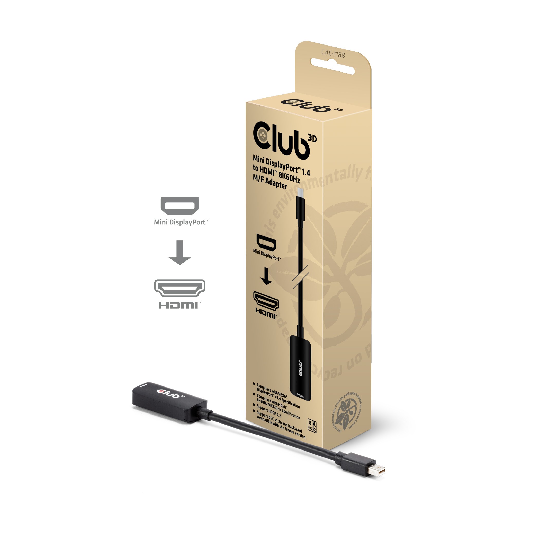 CLUB3D Mini DisplayPort 1.4 to HDMI 8K60Hz M/F Adapter - CLUB3D