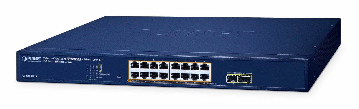 PLANET 16-Port 10/100/1000T 802.3at PoE + 2-Port 1000X SFP Web Smart