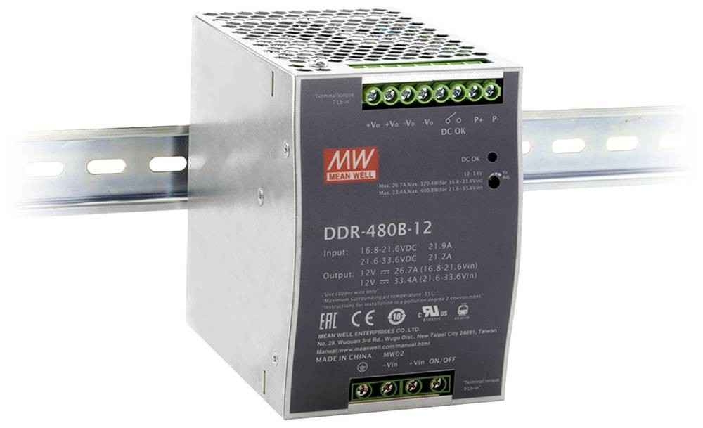 MEAN WELL DDR DC-DC Converter, 12V dc/ 33.4A Output, 480W - MEAN WELL