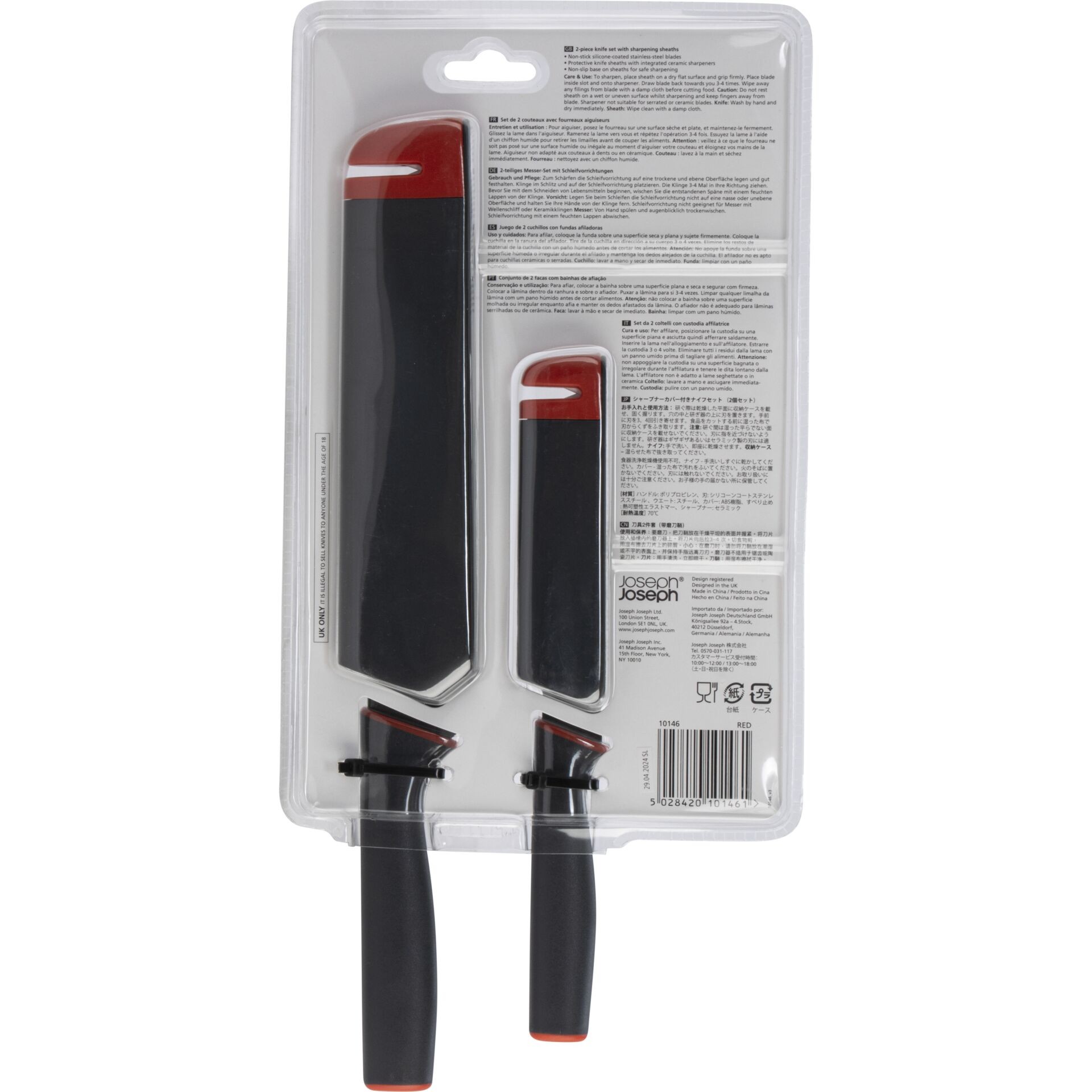 Joseph Joseph Slice&Sharpen Messer-Set – 2 Messer Mit Integriertem Schärfer, Silikonbeschichtung, Schwarz/rot