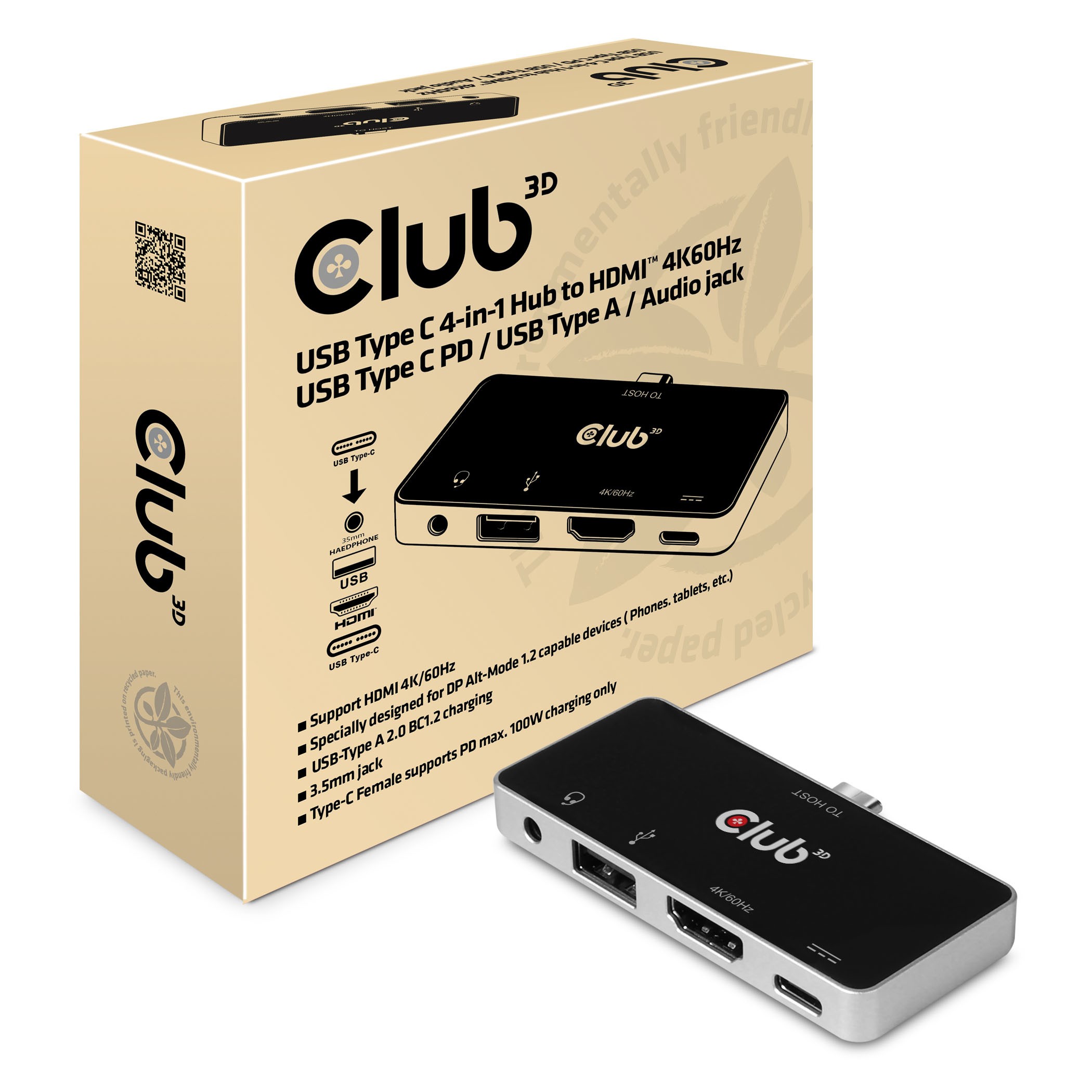 Club3D USB-C 4in1-HUB >HDMI/USB/USB-C/Audio 4K60Hz PD100W retail