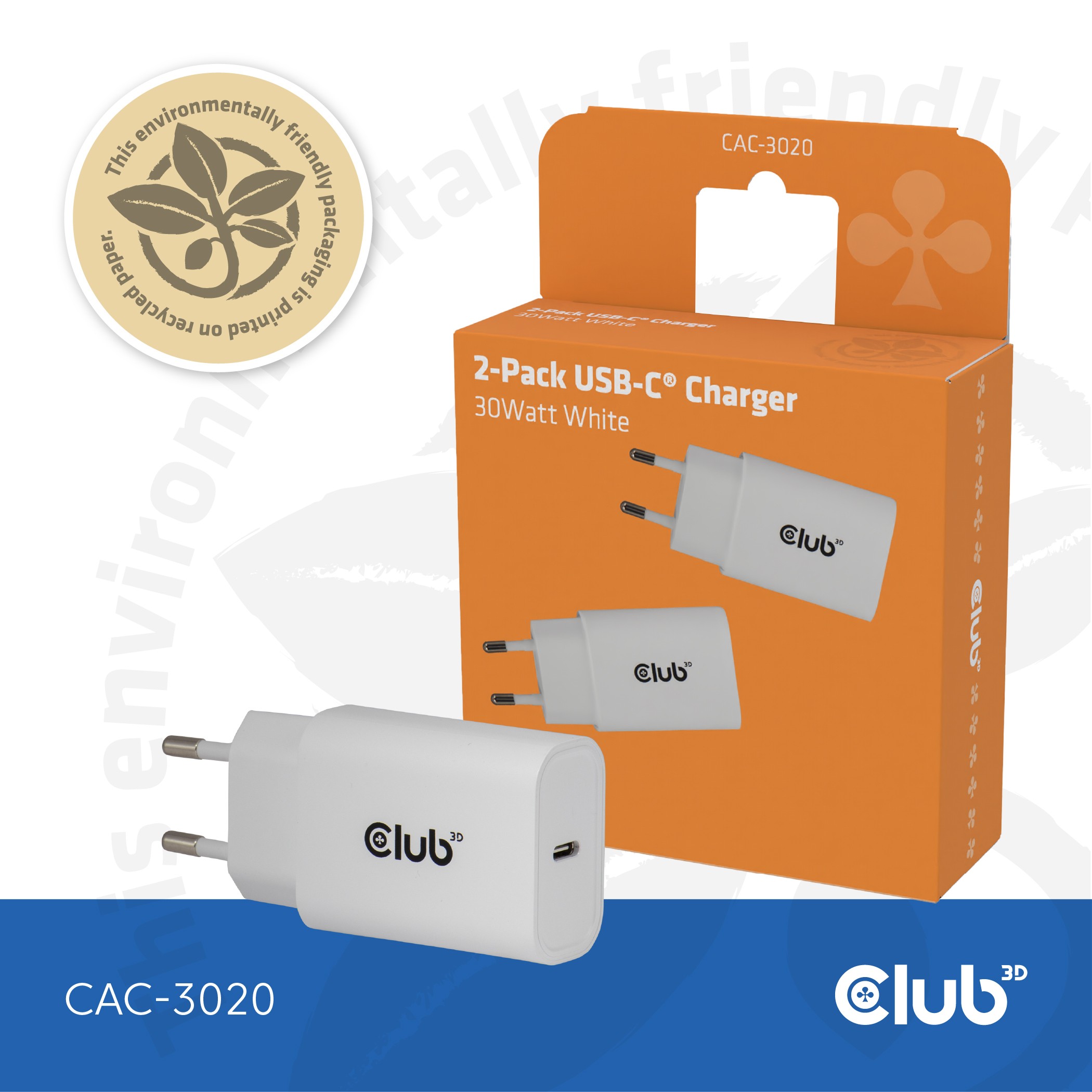 CLUB3D 2-Pack USB C Charger 30 Watt Whit - CLUB3D 2-Pack USB C