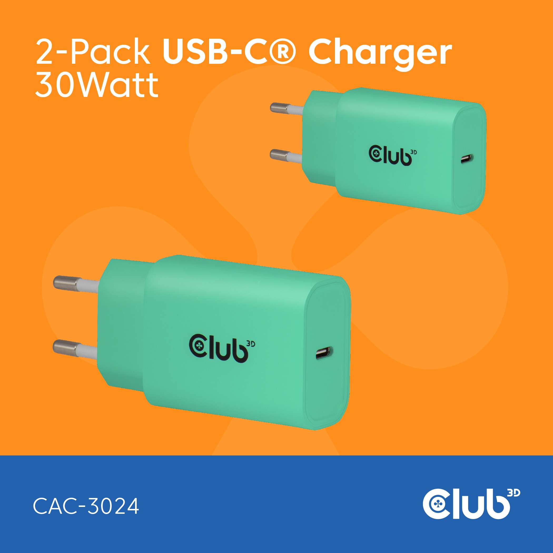 CLUB3D 2-Pack USB C Charger 30 Watt Whit - CLUB3D 2-Pack USB C