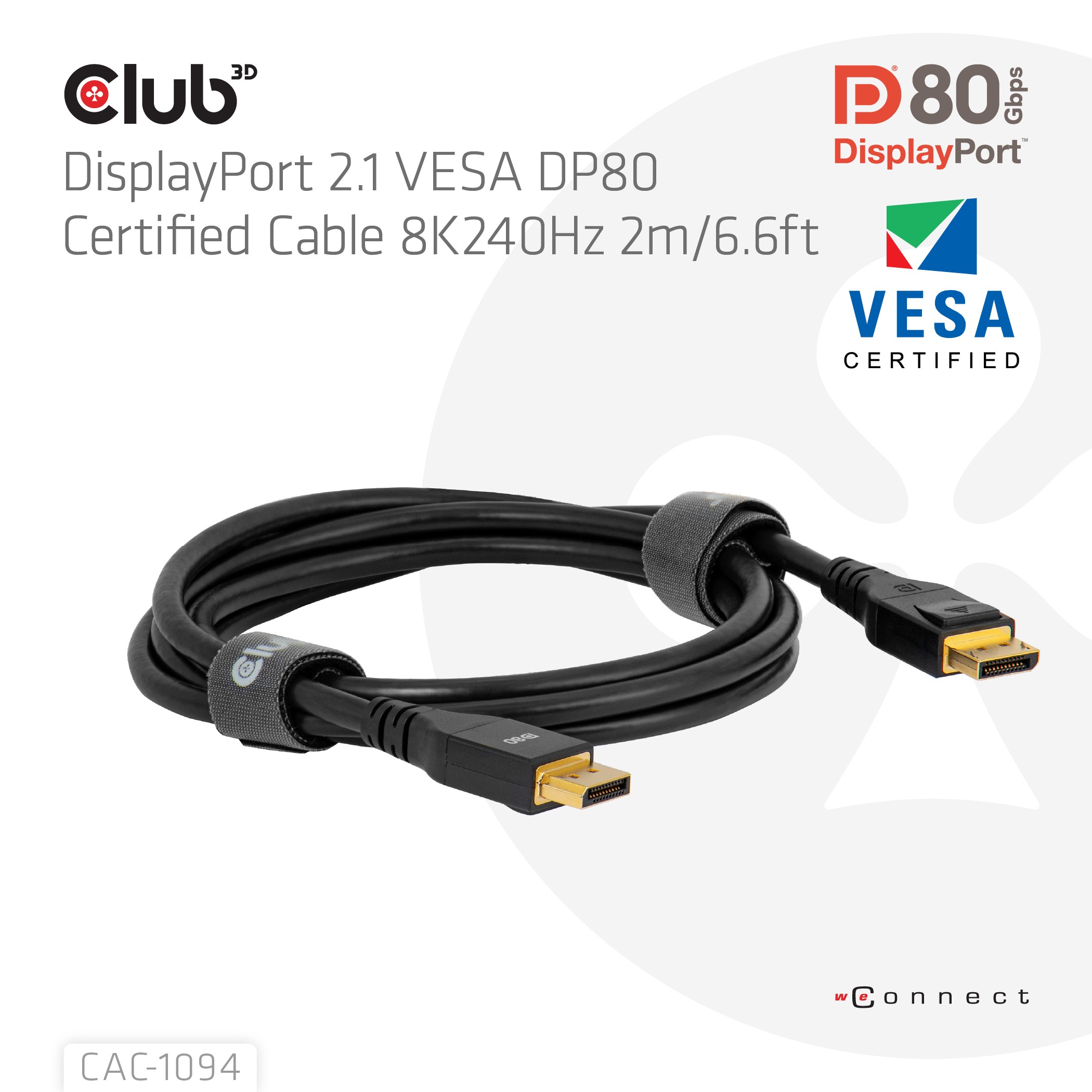 CLUB3D DisplayPort 2.1 VESA DP80 Certified Cable 8K240Hz 2m/6.56ft
