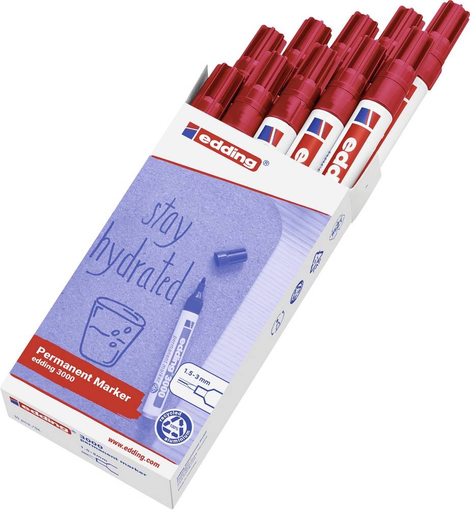 Edding 3000 permanent marker Red 10 pc(s) - Edding 3000, Red, Red,
