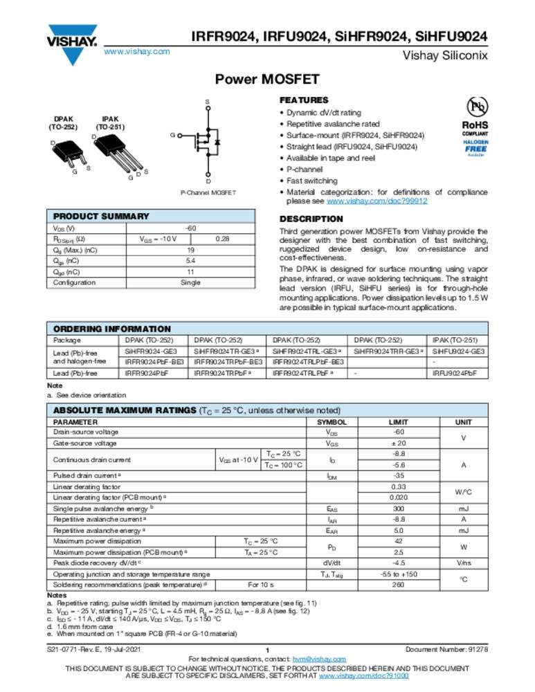 Vishay IRFR9024, IRFU9024, SiHFR9024, SiHFU9024, Power MOSFET -