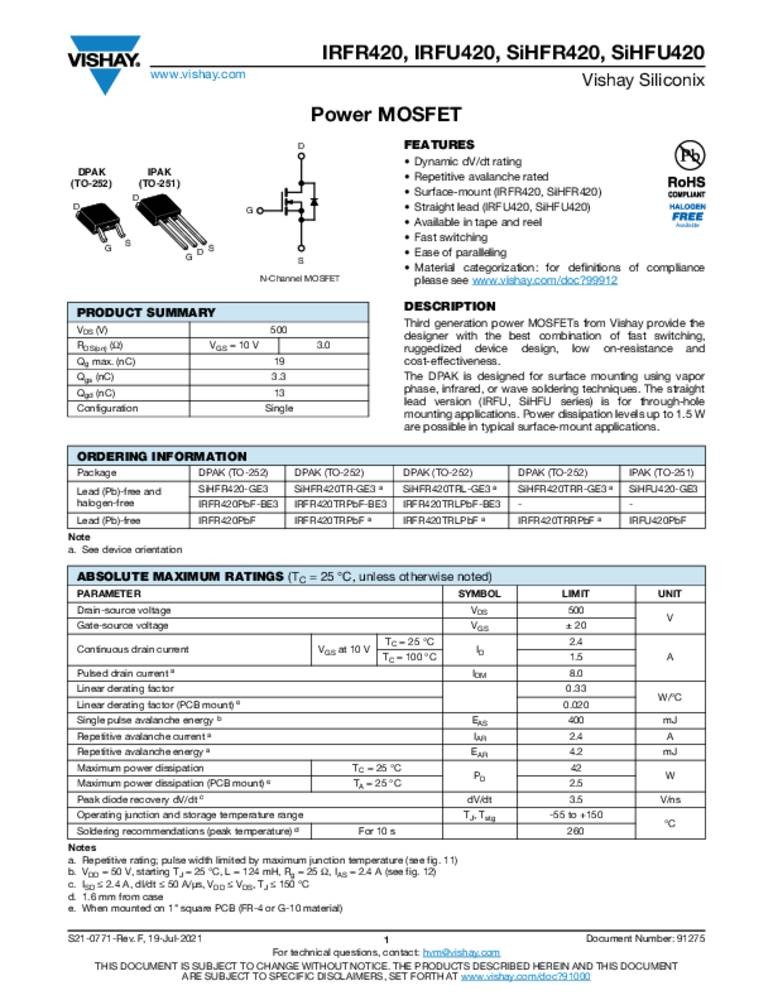 Vishay IRFR420, IRFU420, SiHFR420, SiHFU420, Power MOSFET - Vishay