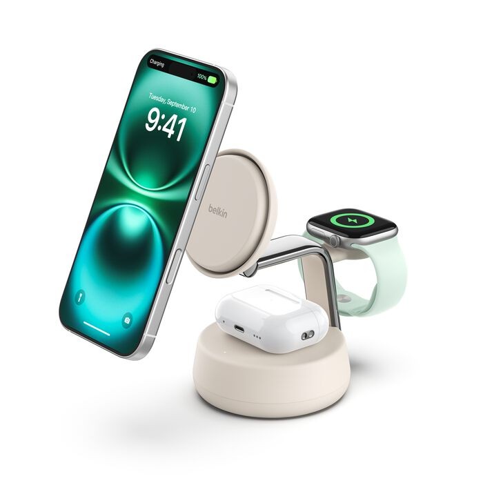 Belkin UltraCharge Pro 25 W Qi2 3-in-1 Eurostecker Ladestation, weiss