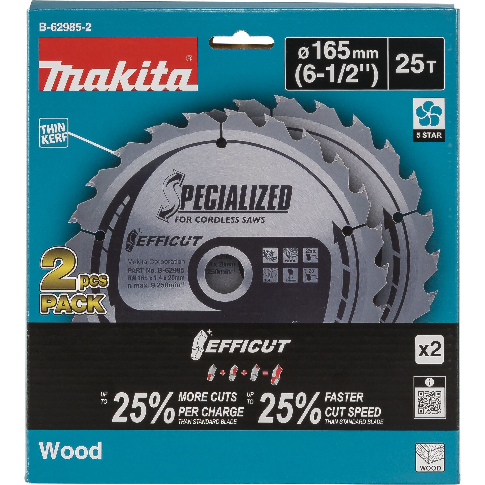Makita B-62985-2 hoja de sierra-Set 165 x 20 x 1.4mm Zähneanzahl: 25