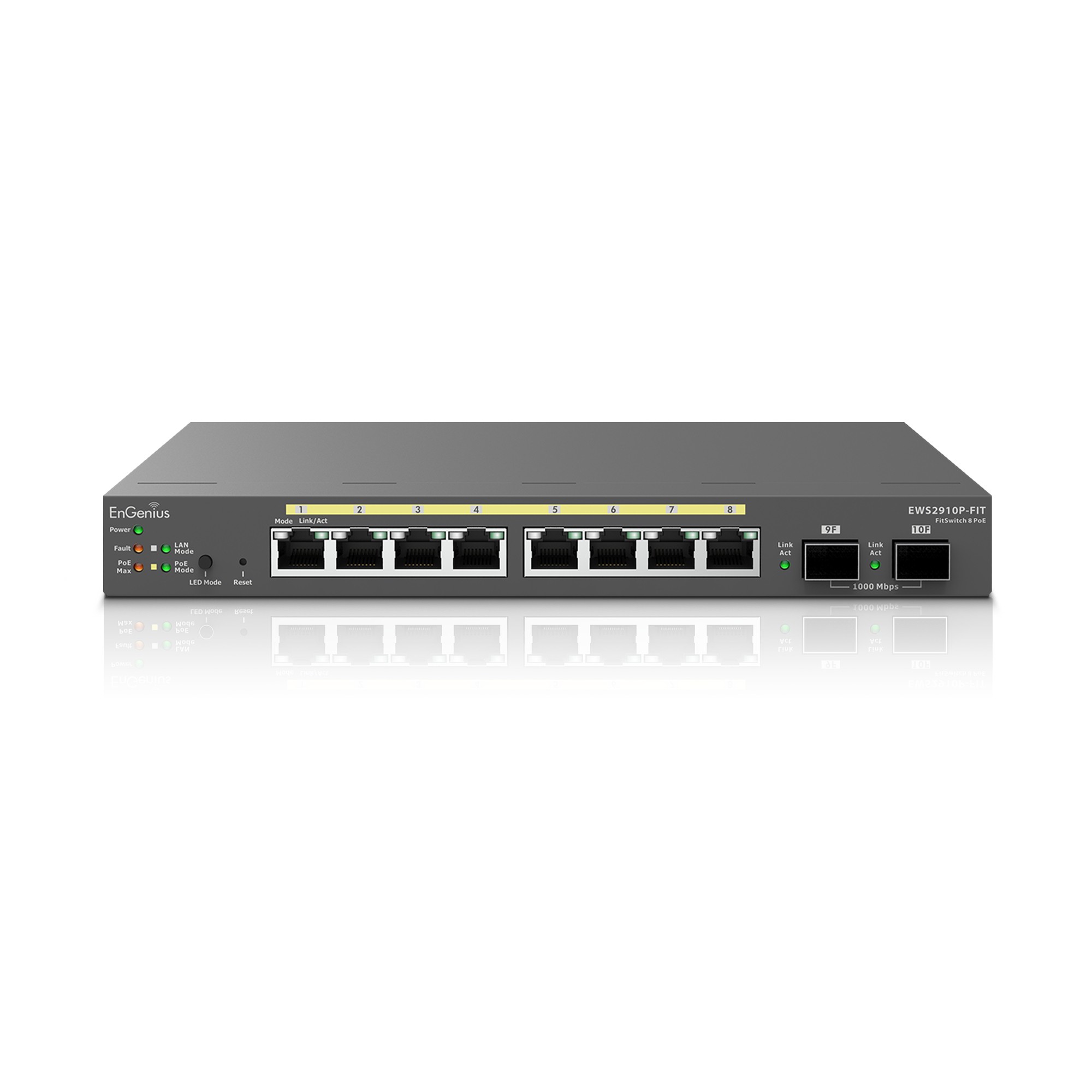 EnGenius Switch 8-port GbE PoE.af/at(+) 55W, 2xSFP Desktop wall-