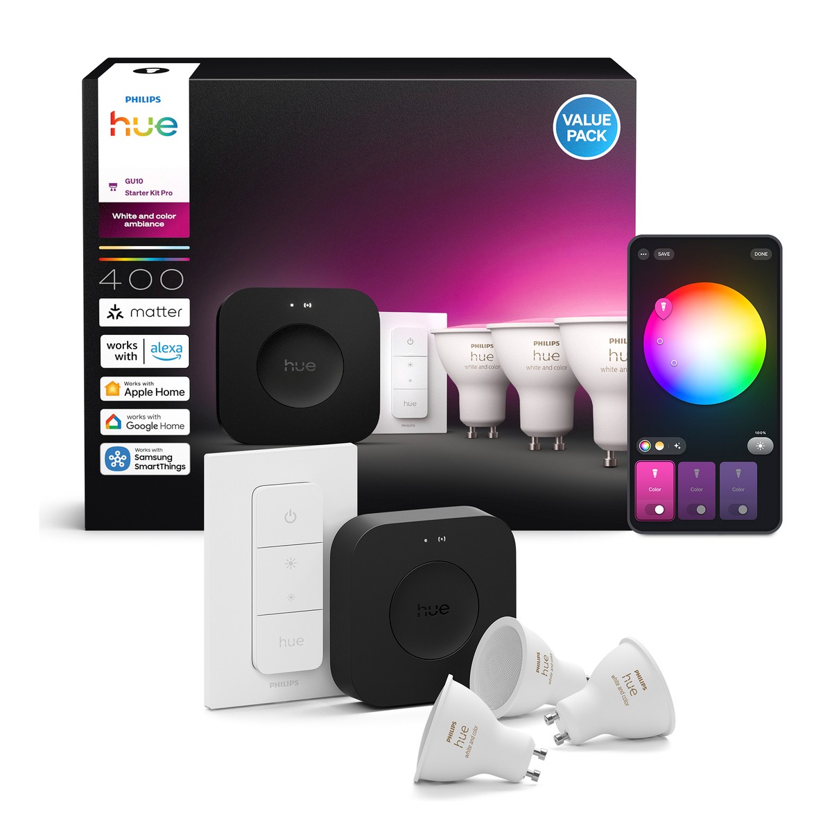 Philips Hue White and colour ambience Starter kit: 3 GU10 bulbs +