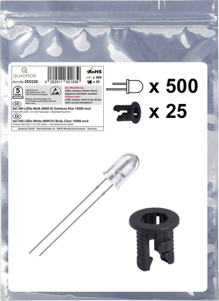 Quadrios 25O228 LED-Sortiment blanc Rund 5mm 15000 mcd 20mA 3.0V