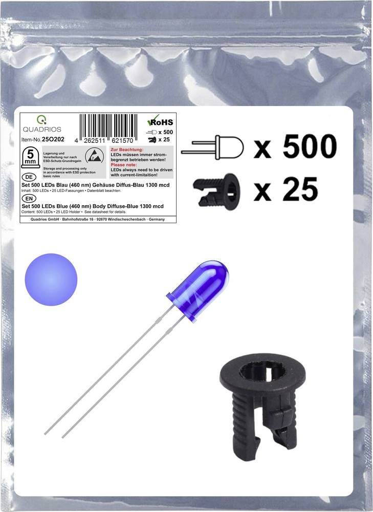 Quadrios 25O202 LED-Sortiment blue Rund 5mm 1300 mcd 20mA 3.0V