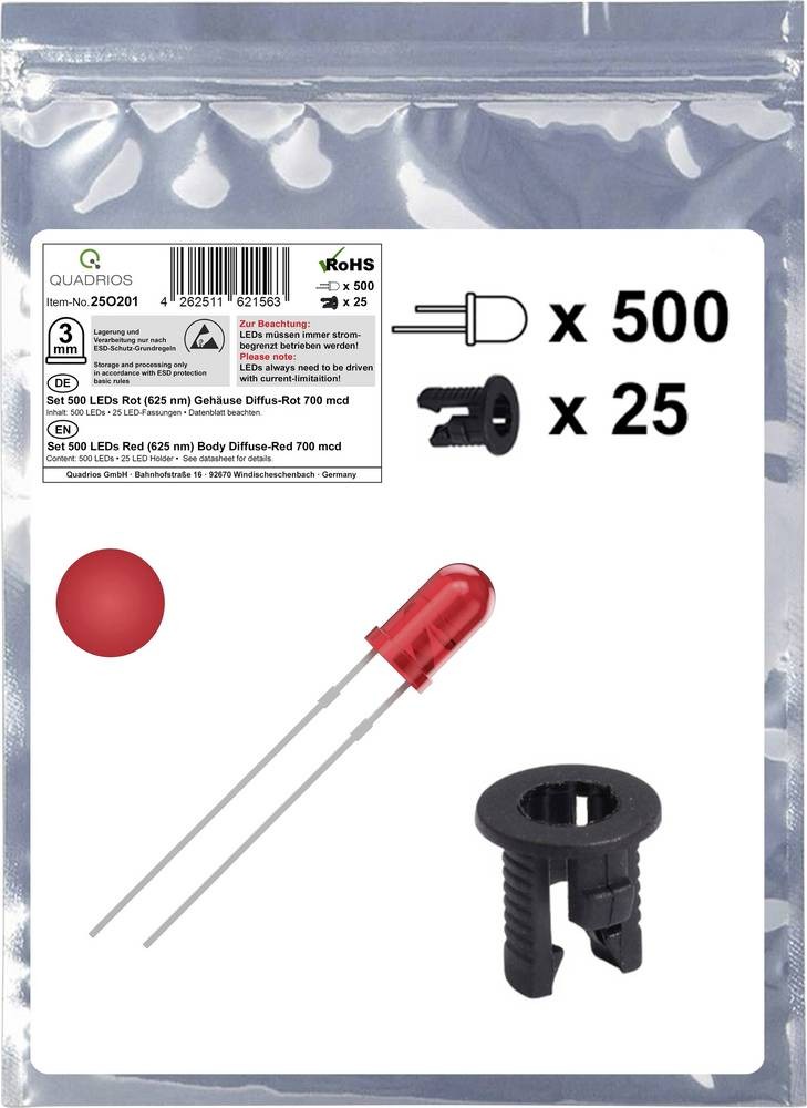 Quadrios 25O201 LED-Sortiment Rot Rund 3mm 700 mcd 20mA 2.0V