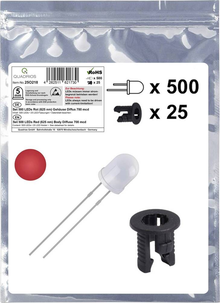 Quadrios 25O218 LED-Sortiment Rot Rund 5mm 700 mcd 20mA 2.0V