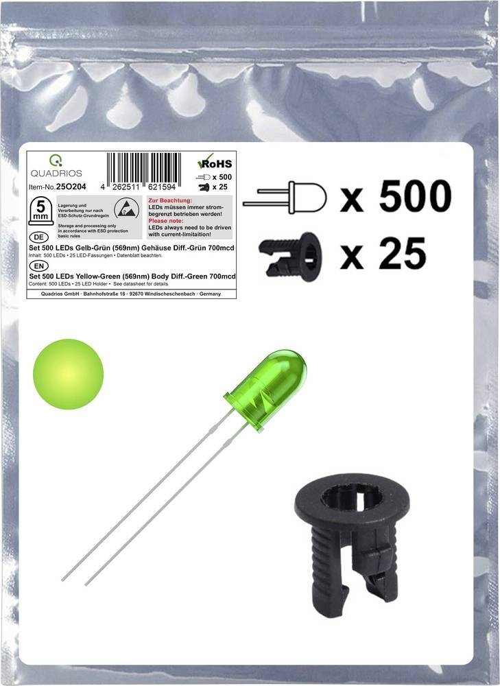 Quadrios 25O204 LED-Sortiment Gelb-Grün Rund 5mm 700 mcd 20mA 2.0V