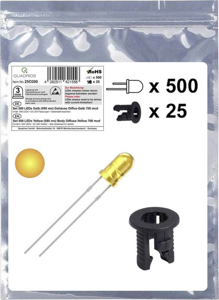 Quadrios 25O200 LED-Sortiment Gelb Rund 3mm 700 mcd 20mA 2.0V