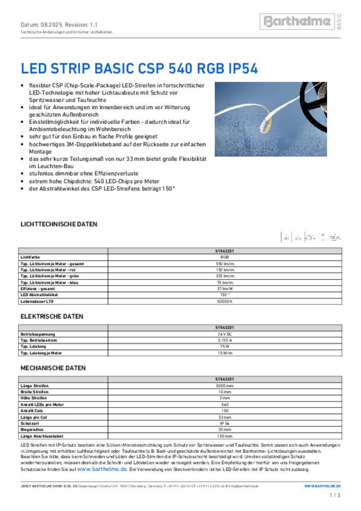 Barthelme 51543231 LED-Streifen avec Lötanschluss 24 V/DC 5000mm RGB
