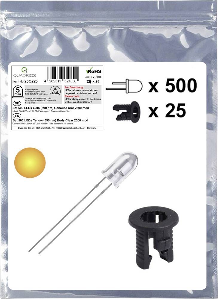 Quadrios 25O225 LED-Sortiment yellowRund 5mm 2500 mcd 20mA 2.0V