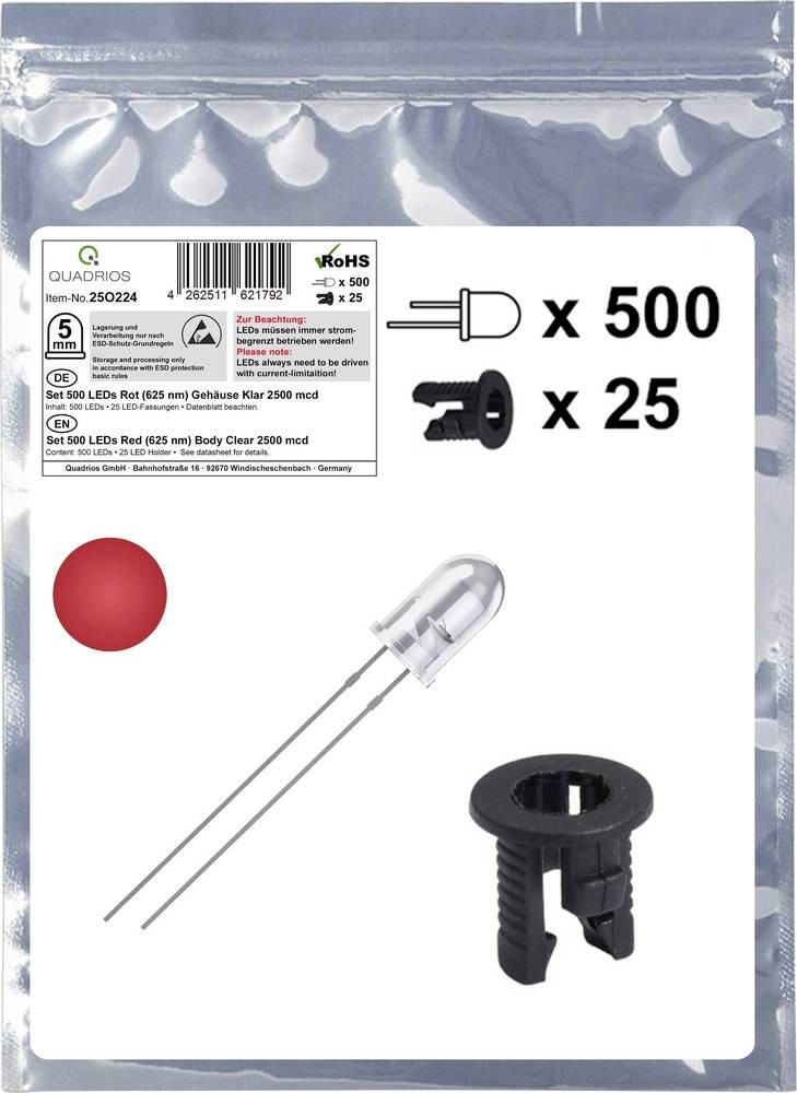 Quadrios 25O224 LED-Sortiment Rot Rund 5mm 2500 mcd 20mA 2.0V