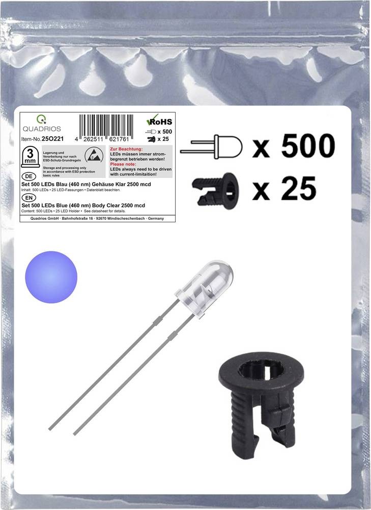 Quadrios 25O221 LED-Sortiment blue Rund 3mm 2500 mcd 20mA 3.0V