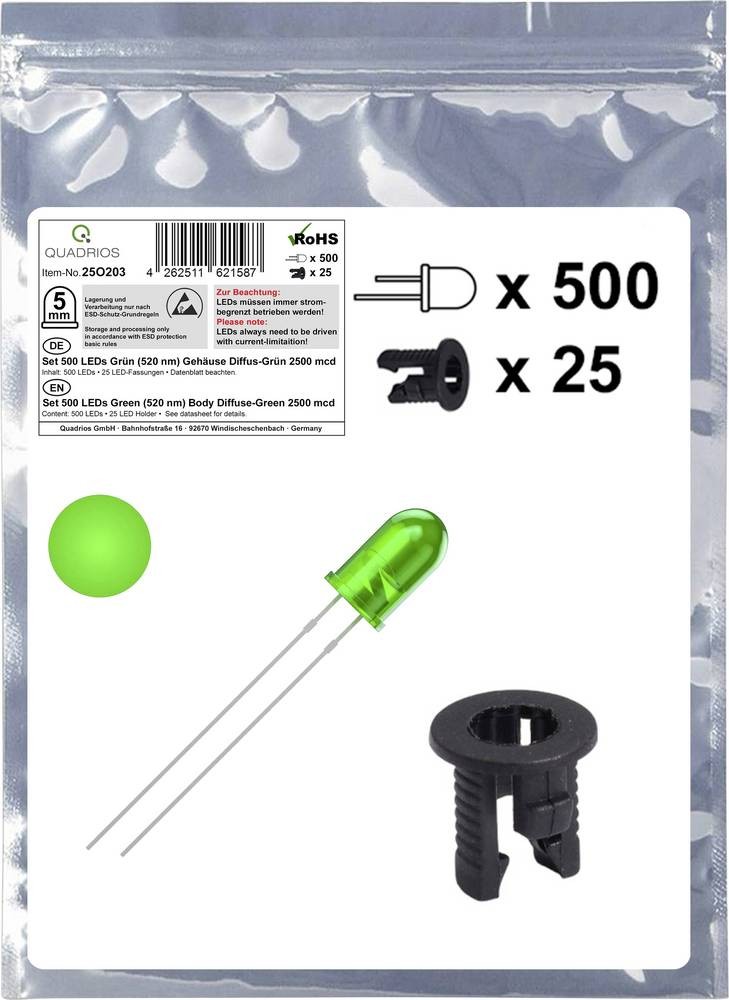 Quadrios 25O203 LED-Sortiment green Rund 5mm 2500 mcd 20mA 3.0V