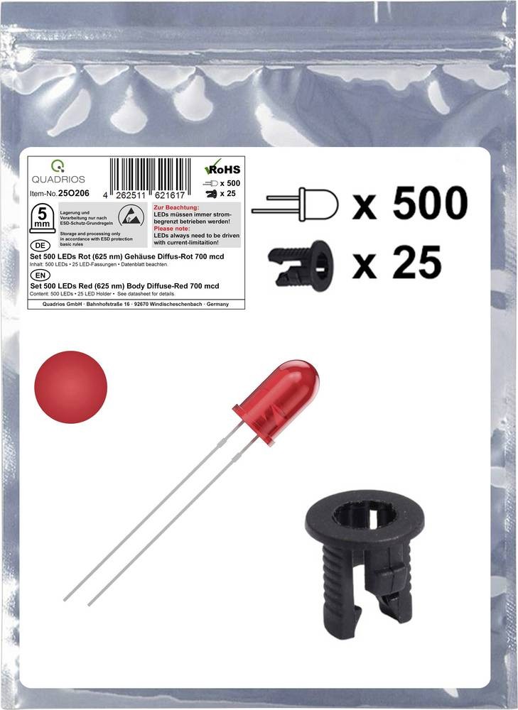 Quadrios 25O206 LED-Sortiment Rot Rund 5mm 700 mcd 20mA 2.0V