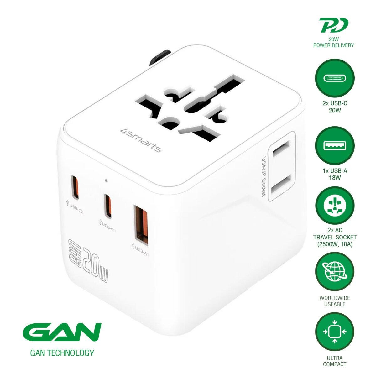 4smarts Weltreiseadapter Nomad 20W 2C+1A, weiß